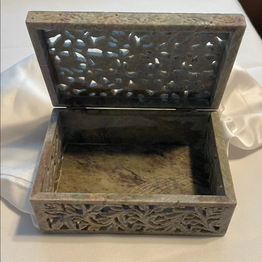 Intricately Carved natural soap Stone Box hand carved by Indian artisans